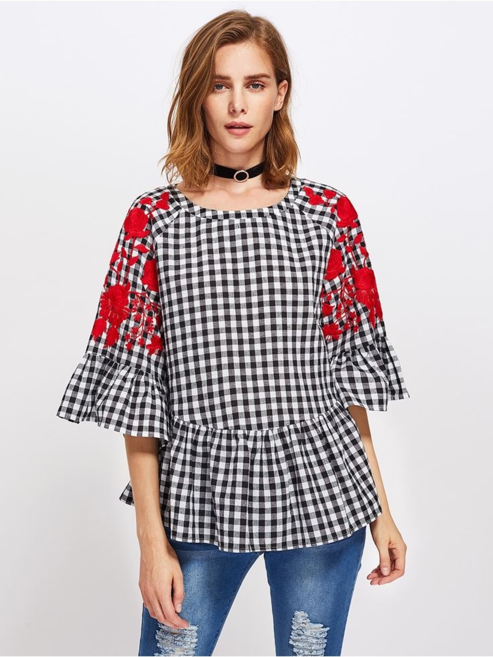entro Black-and-White Plaid Peplum Top with Red Floral Shoulders - Picture 4 of 10